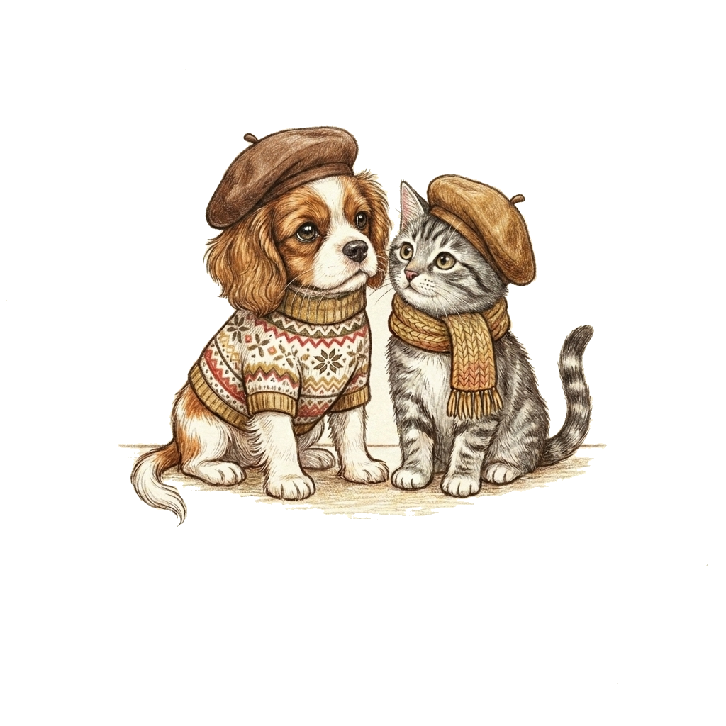Dog and cat with cozy accessories